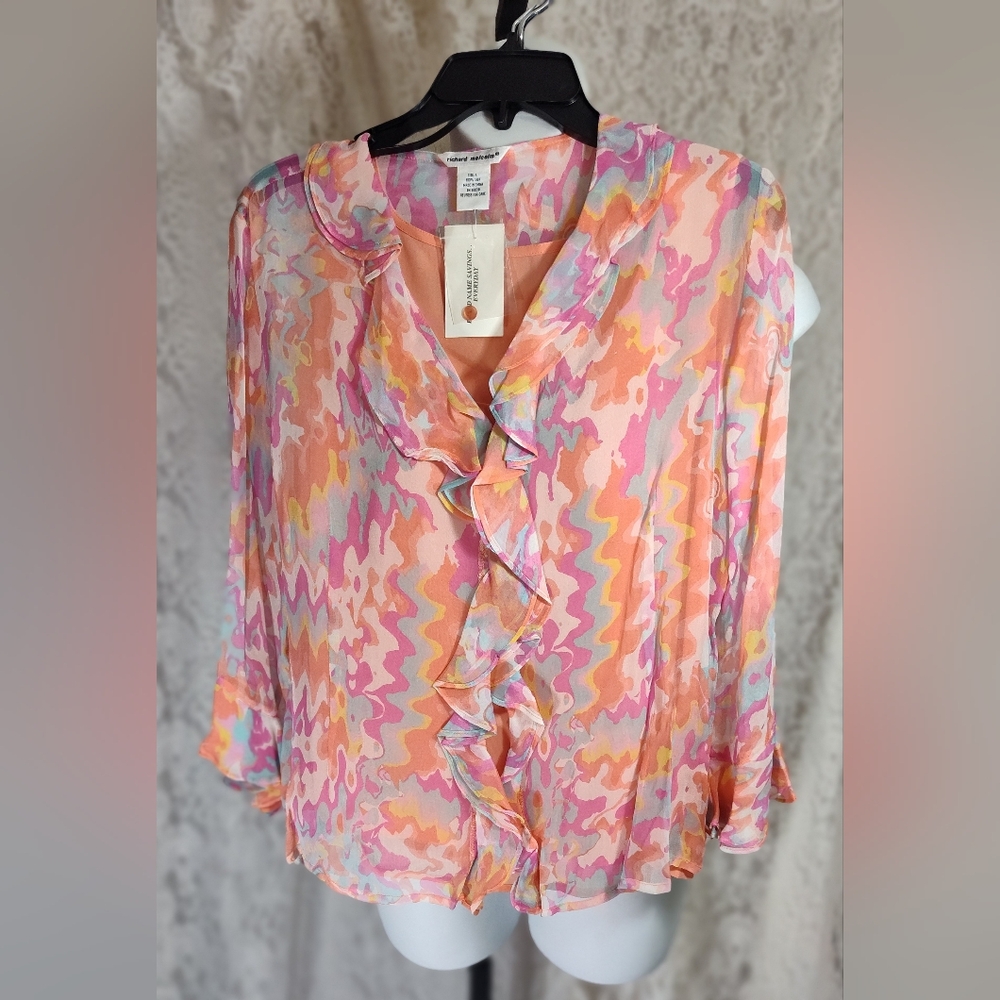 2 Pcs Richard Malcolm Silk Colorful Ruffled Top Set Peach & Blue